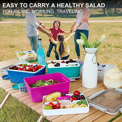 shopwithgreen LARGER Salad Containers To Go for Lunch (3 Pack), Bento Box with Dressing Pots & 5-Compartment Removable Tray, Microwave and Dishwasher Safe, BPA-free, 64 oz - color: Dark Green&Rose Red&Dark Blue