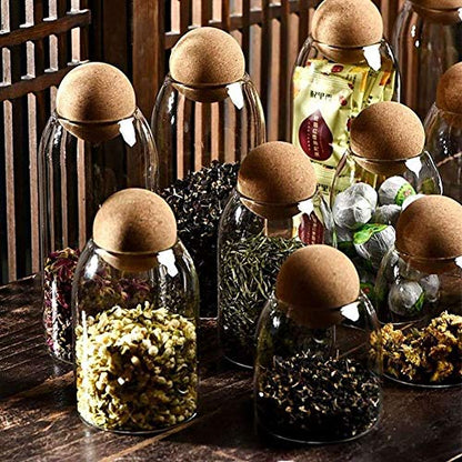 800ML/27Oz Clear Glass Storage Cute Canister Holder Ball Wood Cork Top, Modern Decorative Cylinder Container Jar with Round Lid for Coffee, Spice, Candy, Salt, Cookie Cool Terrarium Bottle - size: 800 mL