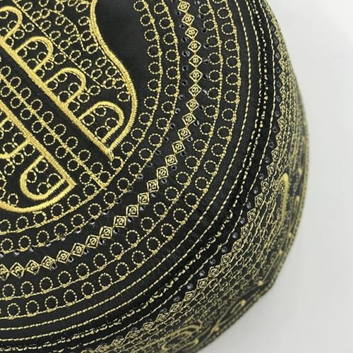 RUIXIA Men Boys Muslim Prayer Kufi Hat Skull Cap Embroidery Islam Kufi Headware takke Praying Beanie Hat Kofia Topi Hat - color: Gold/Black-adults