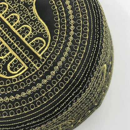RUIXIA Men Boys Muslim Prayer Kufi Hat Skull Cap Embroidery Islam Kufi Headware takke Praying Beanie Hat Kofia Topi Hat - color: Gold/Black-adults