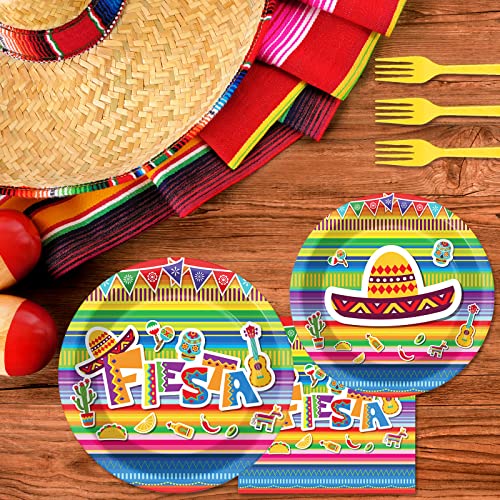 96 Pieces Fiesta Party Decorations Mexican Plates Tableware Set for De Mayo Party Decorations Supplies Mexican Themed Paper Dessert Plates Napkins Forks for 24 Guests Birthday Party Favors - style: Mexican Fiesta