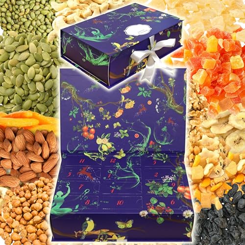 12-Day Advent Calendar Dried Fruit & Nuts Holiday Gift Box | Healthy Gourmet Dried Fruit Selection Including Mango, Fancy Medjool Dates, Pears, Peaches, Apricots, Figs and Prunes - size: 12.2 x 8.54 x 5.2 inches; 3 Pounds