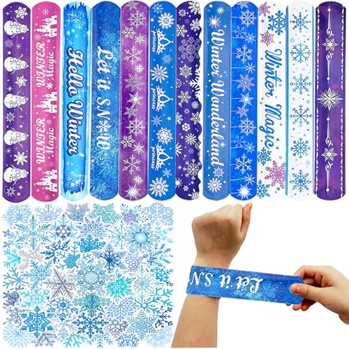 74PCS Snowflake Party Favors with 24PCS Slap Bracelets, 50PCS Stickers