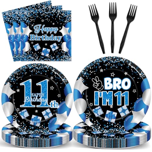Qyeahkj 100 Pcs 11th Birthday Decorations for Boys Official Teen Supplies Plate Napkin Forks Set Disposable Blue 11th Birthday Tableware Paper Plates Dinnerware for Kids Teenager Favors Serve 25 - style: 11th birthday