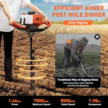 Auger Post Hole Digger, Gas Powered Earth Post Hole Digger Post Holes Earth Digger Petrol Drill Borer Bulb Planting Drill Fence Hole Maker Machine (52cc 2.54HP 1.9KW) - size: 52cc 2.54HP 1.9KW