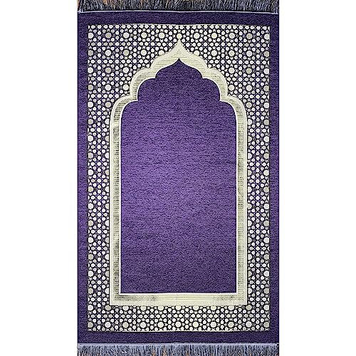 Modefa Turkish Islamic Prayer Mat - Thin Woven Chenille Sajjadah - Praying Rug Ramadan Eid Gift - Traditional Muslim Janamaz Sajada for Men Women - with Kufi & Beads - Geometric Selcuk Star (Purple) - color: Purple