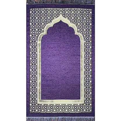 Modefa Turkish Islamic Prayer Mat - Thin Woven Chenille Sajjadah - Praying Rug Ramadan Eid Gift - Traditional Muslim Janamaz Sajada for Men Women - with Kufi & Beads - Geometric Selcuk Star (Purple) - color: Purple