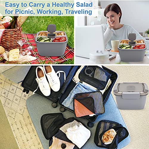 Freshmage Salad Lunch Container To Go, 52-oz Salad Bowls with 3 Compartments, Salad Dressings Container for Salad Toppings, Snacks, Men, Women (Grey) - color: Grey-52oz