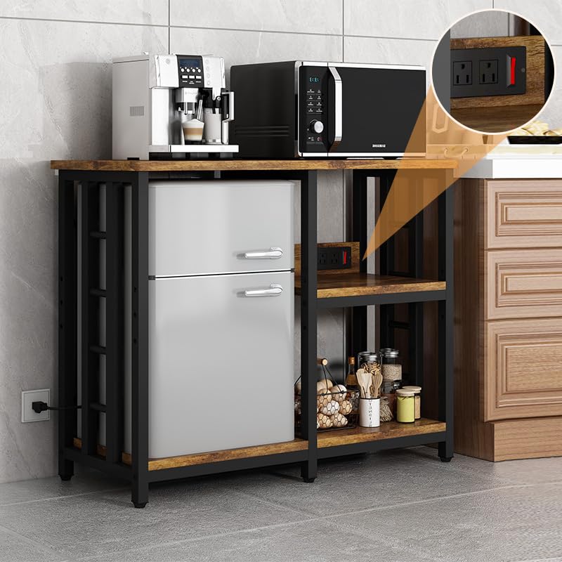 Mini Fridge Stand with Power Outlet, Mini Fridge Stand, Microwave Oven Stand Table, Bar Cabinet, Aquarium Stands, 4-Tier Kitchen Baker's Rack for Spices, Pots and Pans.