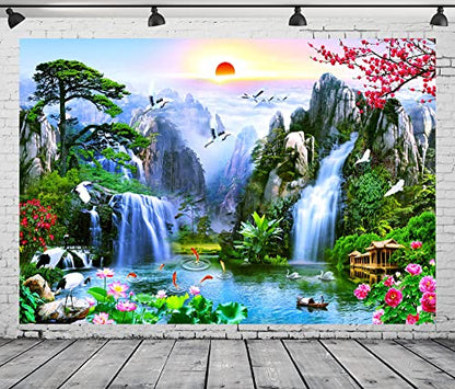 BELECO 5x3ft Fabric Fairyland Mountain Lake Photography Backdrop Waterfalls Swans Fish Flowers Dreamy Natural Landscape Painting Background Wall Murals Home Decor Kids Adults Portrait Photoshoot - size: 5x3FT