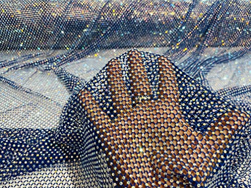 New Creations Fabric & Foam Inc, 45" Wide AB Iridescent Rhinestone On Soft Stretch Fish Net Fabric by The Yard (1 Yard, Iridescent Rhinestones on Royal Blue Mesh) - color: Iridescent Rhinestones on Royal Blue Mesh