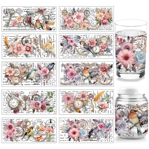 arricraft 10 Sheets UV DTF Cup Wrap, 10 Styles Vintage Flower Bird Clock Words Rub on Transfers PVC Transfer Stickers Waterproof Rub Decals for DIY 16OZ Glass Cups Furniture Wood - style: Vintage