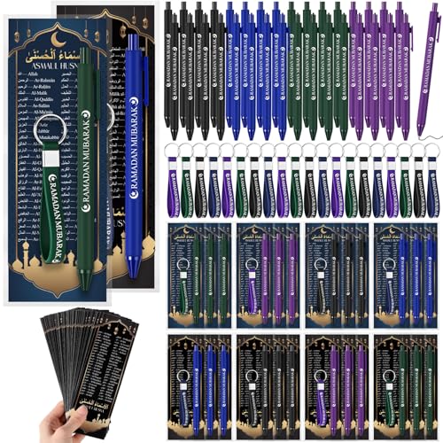Resurhang 36 Sets Eid Ramadan Mubarak Gift Including 99 Names of Allah Bookmarks Mubarak Ballpoint Pens Keychains Eid Ramadan Party Favors Gifts Bulk Quran Muslim Islamic Arabic Party Decorations