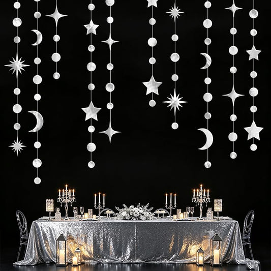 4 Pack Silver Star Moon Circle Dot Garland, 46ft Silver Hanging Star Moon Dot Ceiling Streamer Decorations for Birthday Wedding Baby Shower Eid Mubarak Ramadan Christmas New Year Party Décor - color: Silver