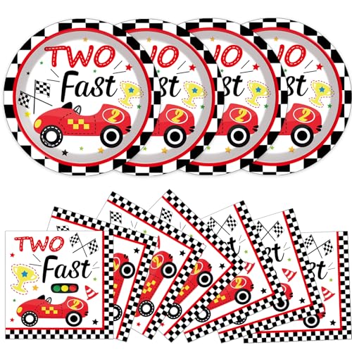 48Pcs Two Fast Plates and Napkins Two Years Old Birthday Party Decorations set Race Car 2nd Party Supplies Racing 2 fast Birthday Racing Sports Themed Disposable Tableware for Kids Boys Serves 24 - style: Race Car