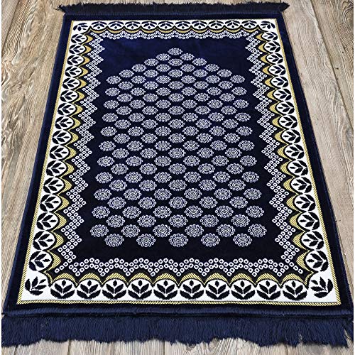 Modefa Turkish Islamic Prayer Rug - Thin & Lightweight Velvet Praying Carpet - Soft Muslim Praying Mat Janamaz - Ramadan or Eid Gift for Men & Women - with Car Hanger - Vined Arch (Daisy Navy Blue) - color: Daisy Navy Blue