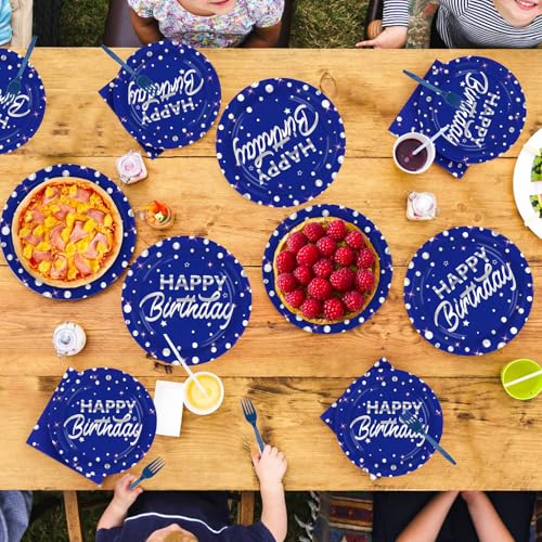 96Pcs Blue and Silver Birthday Party Decorations Silver Polka Dots on Blue Paper Plates and Napkins Disposable Tableware for Men Birthday Party Father's Day Graduation Decorations 2026 Serves 24 - style: Blue Sliver Wave Point Birthday Sets