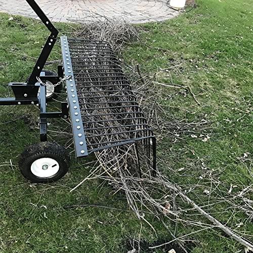 Yard Tuff Pine Straw Rake, Steel Lawn Sweeper with 24 Spring Tines, 60-Inch - Leaf Collector Attachment with Pin Hitch for ATV, UTV or Utility Tractor | Pin Hitch Fits ATV, UTV or Tractor, Adjustable Reel Arms, Lift Handle to Dump, 12 Inch Pneumatic Tires