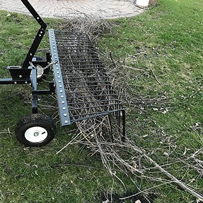 Yard Tuff Pine Straw Rake, Steel Lawn Sweeper with 24 Spring Tines, 60-Inch - Leaf Collector Attachment with Pin Hitch for ATV, UTV or Utility Tractor | Pin Hitch Fits ATV, UTV or Tractor, Adjustable Reel Arms, Lift Handle to Dump, 12 Inch Pneumatic Tires