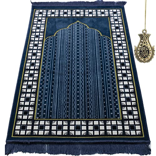 Modefa Prayer Mat - Thin Lightweight Velvet Turkish Muslim Prayer Rug - Prayer Rug Islam Men - Islamic Prayer Rug Sajjadah Prayer Mats Namaz Mat for Salah Islamic Gift Car Hanger - Vined Arch (Blue) - color: Blue