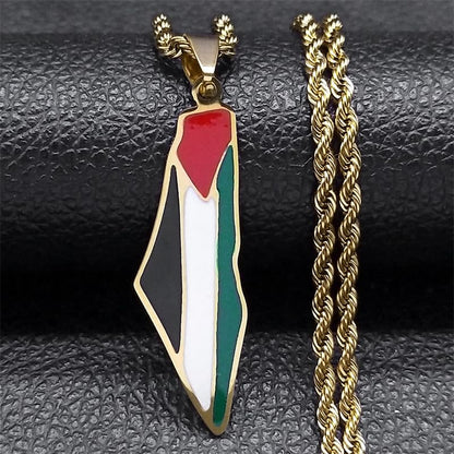 Palestine Map Pendant Necklace, Stainless Steel Chain, Multicolor，Peace Pendant - color: Gold