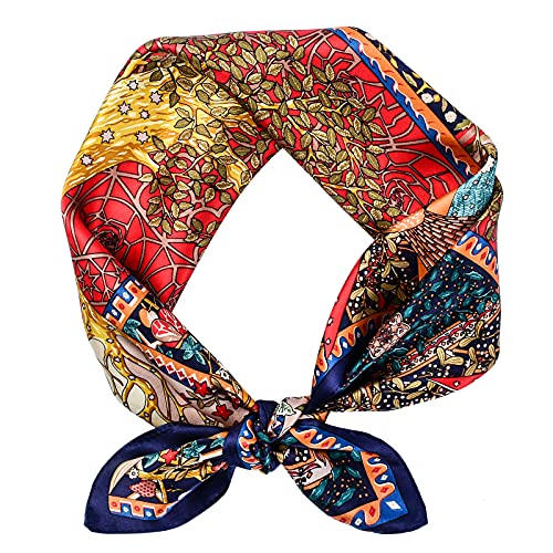 Stlvoll 여성용 100% 실크 헤드 스카프 - 68.6cm(27인치) 헤어 스카프 새틴 반다나 스퀘어 야간 수면용 선물 포장 - color: 레드/트리