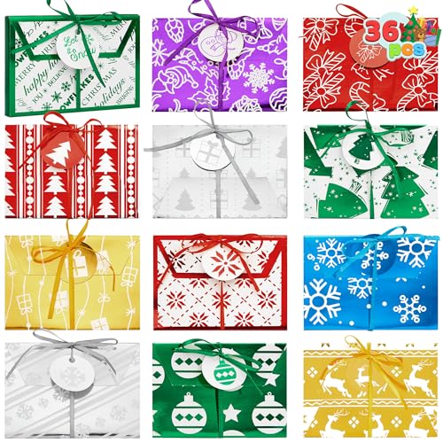 JOYIN 36PCS Christmas Fancy Foil Gift Card Holder Boxes with Ribbon, 4.5" x 3.25" x 0.4" Money Cash Envelopes Card Box for Gift Giving, Xmas Party Birthday Present Wrapping Decor, 12 Designs, 6 Colors