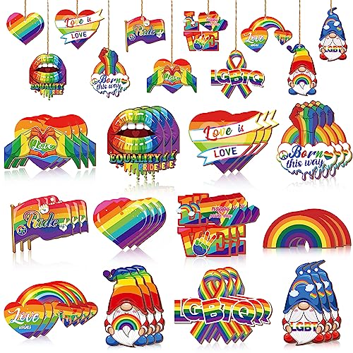 36 Pcs Pride Rainbow Wood Ornaments LGBTQ Wood Cutouts for Tree - style: Rainbow