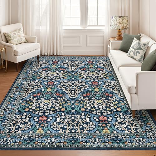 GarveeHome Washable Rug for Living Room, 9x12 Large Area Rug for Dining Room Under Table, Bedroom, Floral Soft Low Pile Non Slip Stain Resistant Carpet for Nursery, Playroom, Office, Dark Blue - color: B.blue, size: 9' x 12' (Rectangular)