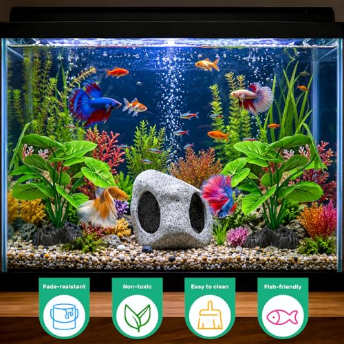 Fish Tank Decor, Aquarium Decor Set Betta Fish Tank Decorations with Artificial Green Plants & Hideaway Rock Cave for Betta Goldfish Turtle Reptile Decoration