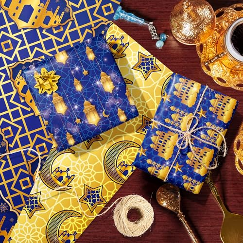 WGOCAUK 12 Sheets Eid Mubarak Wrapping Paper, 20x27in Moon Star Words Lantern Patterns Gift Wrap Paper Ramadan Kareem Wrapping Paper for Mubarak Party Gift Wrapping Supplies (Blue) - color: Blue