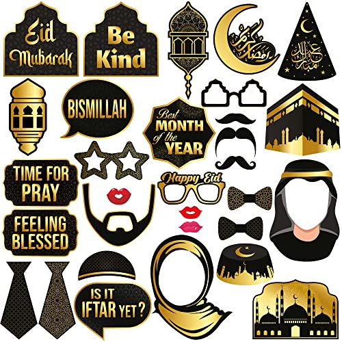 KatchOn, Eid Mubarak Photo Booth Props - Pack of 32 | Eid Photo Props for Eid Mubarak Decorations | Happy Eid Decorations for Home | Ramadan Photo Booth Props for Ramadan Decor for Home - color: Black and Gold