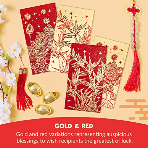 Prims & Flourish Chinese New Year Red Envelopes - 36-Count Chinese Red Packets, Hong Bao with Gold Foil Design, Gift Money Envelopes, Flowers and Bamboos - color: Water Lilies & Bamboos