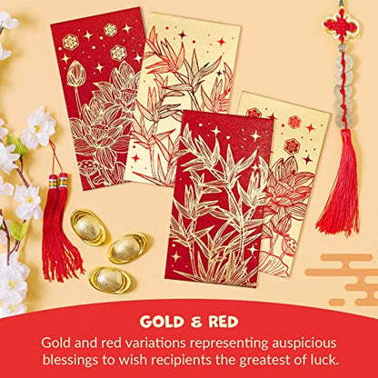 Prims & Flourish Chinese New Year Red Envelopes - 36-Count Chinese Red Packets, Hong Bao with Gold Foil Design, Gift Money Envelopes, Flowers and Bamboos - color: Water Lilies & Bamboos