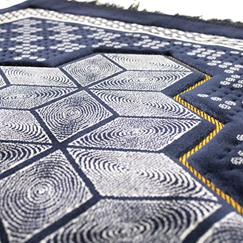 Modefa Turkish Islamic Velvet Prayer Rug - Thick Wide Soft Praying Carpet for Men & Women - Double Plush Large - Eid & Ramadan Gift with Kufi Beads & Car Hanger - Geometric Noor (Dark Blue) - color: Dark Blue
