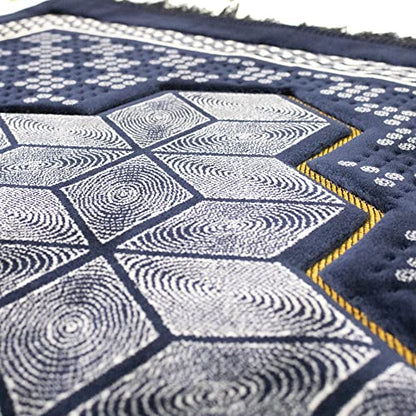 Modefa Turkish Islamic Velvet Prayer Rug - Thick Wide Soft Praying Carpet for Men & Women - Double Plush Large - Eid & Ramadan Gift with Kufi Beads & Car Hanger - Geometric Noor (Dark Blue) - color: Dark Blue