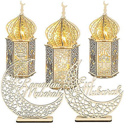 Jetec 5 Pcs Eid Ramadan Mubarak Decoration Large Size 14'' 10'' 10'' Ramadan Lantern Light 7'' Wooden Eid Mubarak Table Sign Hollow Moon Star Design Ramadhan Decoration for Home Islam Muslim Decor