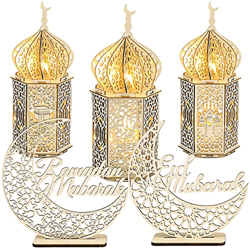 Jetec 5 Pcs Eid Ramadan Mubarak Decoration Large Size 14'' 10'' 10'' Ramadan Lantern Light 7'' Wooden Eid Mubarak Table Sign Hollow Moon Star Design Ramadhan Decoration for Home Islam Muslim Decor