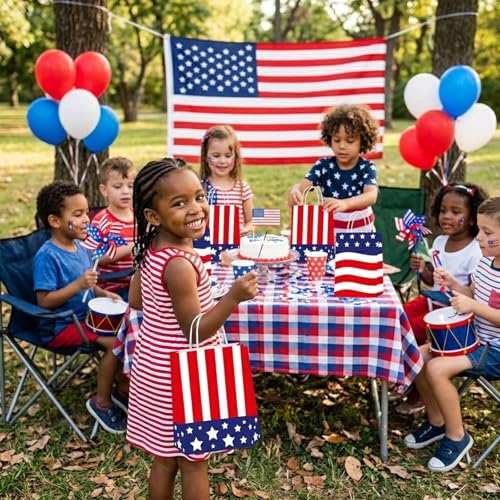 LAOREI 12 Pcs 4th of July Gift Bags with Handles, Patriotic Paper Goodie Sacks, Red White Blue American Flag Treat Bags for Independence Day Party, Memorial BBQ, Veterans Event, Birthday - color: Red White Blue