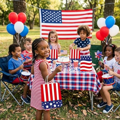 LAOREI 12 Pcs 4th of July Gift Bags with Handles, Patriotic Paper Goodie Sacks, Red White Blue American Flag Treat Bags for Independence Day Party, Memorial BBQ, Veterans Event, Birthday - color: Red White Blue