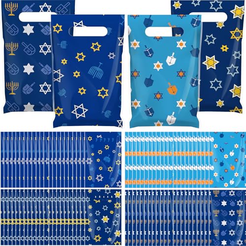 Geyoga 100 Pcs Eid Ul Fitr Gift Bags Ramadan Party Favor Bags Plastic Ramadan Blue Star of David Dreidel Treat Candy Bag with Handles for Eid Ul Fitr Party Supplies - style: Hanukkah