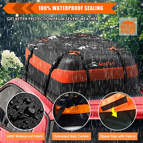 MeeFar Car Roof Bag XBEEK Rooftop top Cargo Carrier Bag Waterproof 15 Cubic feet for All Cars with/Without Rack, Includes Anti-Slip Mat, 8 Reinforced Straps, 6 Door Hooks, Luggage Lock - size: 15 Cubic Feet