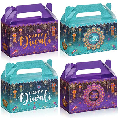 Nezyo 16 Pcs Happy Diwali Gable Boxes Rangoli Lantern Favor Packaging Containers Indian Deepavali Candy Gift Treat Containers Goodie Box for Diwali Party Decorations Lights Festival, 4 Style