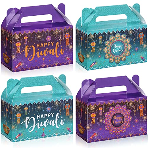 Nezyo 16 Pcs Happy Diwali Gable Boxes Rangoli Lantern Favor Packaging Containers Indian Deepavali Candy Gift Treat Containers Goodie Box for Diwali Party Decorations Lights Festival, 4 Style