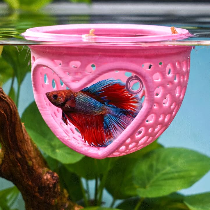 Heart Pink Floating Betta Tunnel with Strong Suction Cup, Floating Betta Enrichment Toys, Aquarium Betta Hammock, Promote Excercise & Stress Relief, Betta Fish Tank Decor Accessories