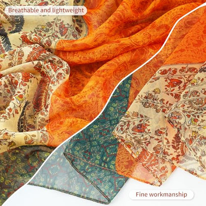 E-Clover Women Soft Floral Print Shawl Chiffon Sheer Scarf - color: Orange Green