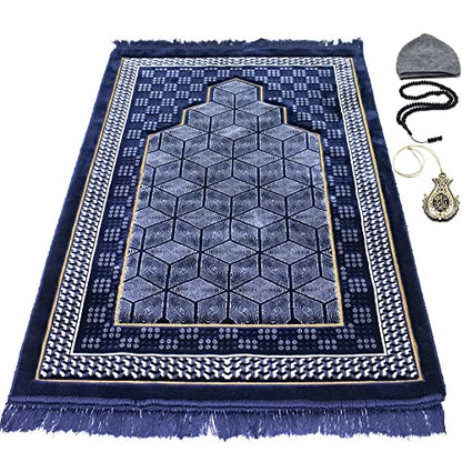 Modefa Turkish Islamic Velvet Prayer Rug - Thick Wide Soft Praying Carpet for Men & Women - Double Plush Large - Eid & Ramadan Gift with Kufi Beads & Car Hanger - Geometric Noor (Dark Blue) - color: Dark Blue