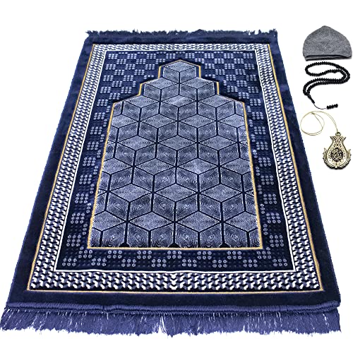 Modefa Turkish Islamic Velvet Prayer Rug - Thick Wide Soft Praying Carpet for Men & Women - Double Plush Large - Eid & Ramadan Gift with Kufi Beads & Car Hanger - Geometric Noor (Dark Blue) - color: Dark Blue