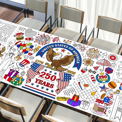4th of July Patriotic Coloring Tablecloth, 30x72 Inches - color: Blue Red White