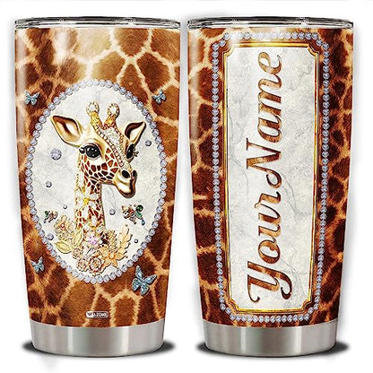 WAZONE Personalized Giraffe Tumbler Cup With Lid Jewelry Style Stainless Steel Insulated 20oz 30oz Travel Mug Birthday Christmas Customized Name Gifts for Animal Giraffes Lovers Women Girls - color: Giraffe